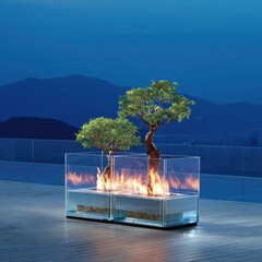 Bonsai and Fire Table at Twilight