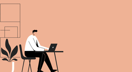 A focused man diligently works on his laptop at a minimalist desk with a plant, representing modern remote work, productivity, and digital lifestyle.