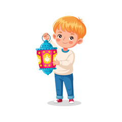 Boy Holding a Decorative Lantern Vector