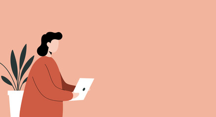 Person focused on a digital tablet or laptop, symbolizing remote work, online education, and modern digital lifestyle in a clean setting.