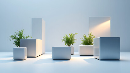 Modern minimalist interior design with geometric planters and lush green plants, creating a serene and stylish living space, isolated on white background