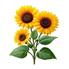 Fototapeta premium Vibrant Sunflowers with Lush Green Leaves on White Background
