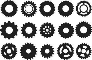 Set of black gear icons, mechanical cogwheels, industrial machinery parts, engineering symbols, vector illustration, mechanical design elements, technology concept, mechanical system