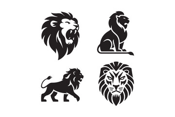 Four stylized black and white lion illustrations for design