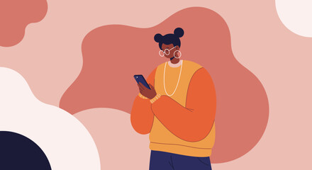 Stylish woman uses a smartphone for social media or communication, set against a modern abstract background. Ideal for technology, lifestyle, and business concepts.