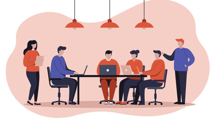 Diverse team collaborating in a modern office, focusing on laptops and discussing projects. Ideal for business, startup, and corporate themes.