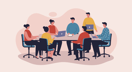 Diverse team collaborating in a business meeting, discussing ideas and strategy in a modern office environment. Illustrates teamwork and productivity.