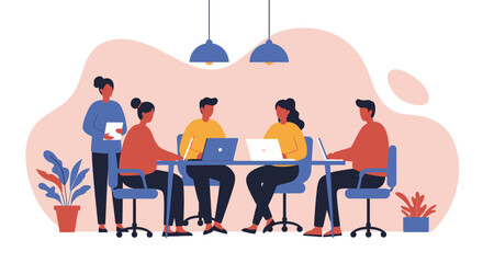 Diverse team collaborating in a modern office meeting, discussing projects with laptops. Illustrates teamwork, productivity, and professional development.