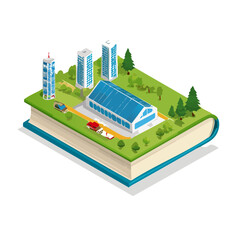 Eco friendly city on book illustration featuring solar panels buildings trees and vehicles demonstrating sustainability urban planning
