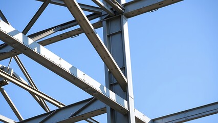 Industrial steel structure with geometric patterns, highlighting construction progress under clear skies.