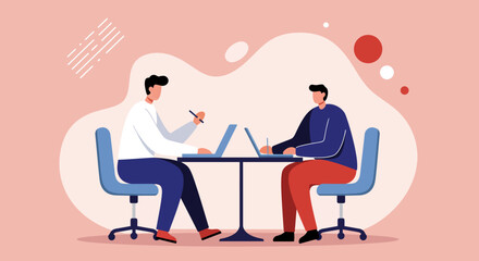 Two men collaborating on laptops at a table, representing teamwork, business meetings, and digital workspace productivity. Ideal for corporate, education, or remote work concepts.