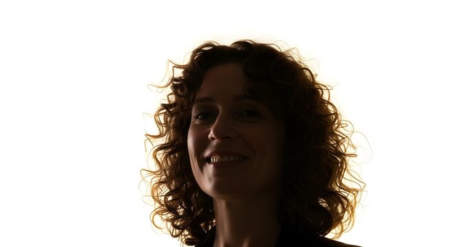 Confident, smiling woman with curly hair artfully backlit against a bright white background, symbolizing optimism and inspiration. - Powered by Adobe