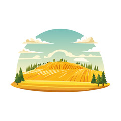 Cartoon Landscape of Golden Wheat Field with Trees and Cloudy Sky Sunny Farmland Scenery Countryside Harvest Illustration
