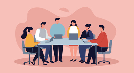 Diverse team collaborates on a modern flat design landing page, discussing ideas for a successful marketing presentation.