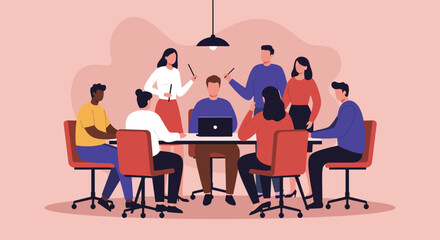 Diverse business team collaborating in a modern office meeting, discussing ideas and planning strategy. Ideal for corporate communication, teamwork, and innovation concepts.