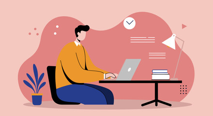 A focused man in a flat design illustration works diligently on his laptop at a modern desk, perfect for digital marketing and web design concepts.