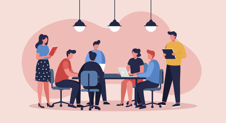 Diverse business team collaborating in a modern office meeting, discussing strategies and ideas. Represents teamwork, productivity, and professional development.