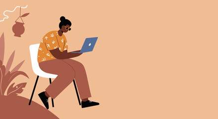 Focused person works remotely on laptop in a relaxed, plant-filled setting. Represents productivity, modern lifestyle, digital connectivity, and freelancing.