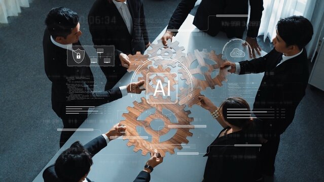 A group of professionals collaborating around a table, using wooden gears and digital AI concepts to discuss business strategies and foster innovation in a modern office setting. Raster