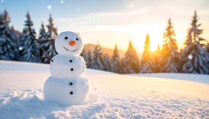 Obraz premium Snowman in snowy landscape at sunset