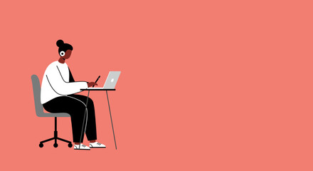 Focused person wearing headphones works on a laptop with a stylus. Represents productivity, remote work, online learning, and digital creativity.