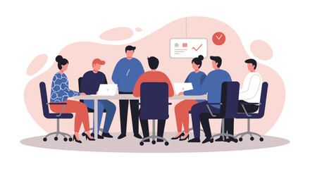 Diverse business team collaborating in a modern office meeting, discussing strategy and working together on laptops. Represents teamwork and corporate productivity.