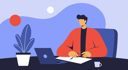 Focused man works at a desk with a laptop, writing notes. Perfect for business, remote work, education, or creative tasks.