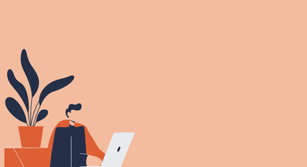 Minimalist illustration of a man working on a laptop, perfect for depicting remote work, online learning, or digital business concepts in a modern setting.