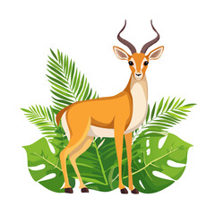 Cartoon Gazelle with Antlers Standing Among Lush Tropical Foliage