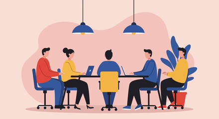 Business professionals collaborating around a table in a modern office setting. Engaged in a meeting, discussion, or brainstorming, illustrating teamwork and corporate strategy.