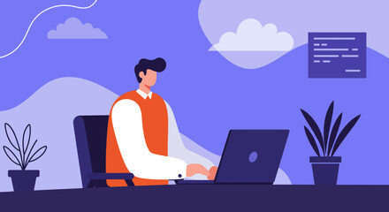 Professional man focused on laptop work in a modern office or home workspace, representing productivity, online business, and digital lifestyle.