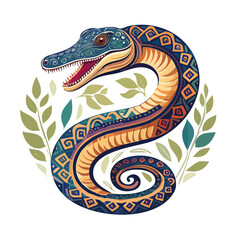 Obraz premium Stylized Serpent with Decorative Pattern and Foliage on Black Background