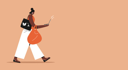 Modern woman on the move, multitasking with a laptop and eco-friendly shopping bags. Represents remote work, connectivity, and a busy, independent lifestyle.