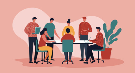 Diverse business team collaborating in a modern office meeting, discussing ideas and planning strategy. Represents teamwork, innovation, and professional productivity.