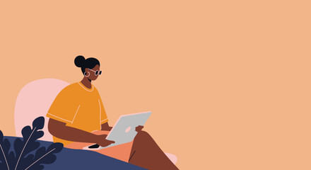 Relaxed woman working remotely on her laptop. Perfect for themes of digital nomadism, online learning, casual business, freelance, and modern lifestyle.