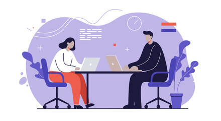 Professional man and woman collaborating on laptops in a contemporary office setting, representing focused work and business productivity.