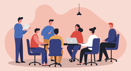 Diverse business team collaborating in a modern meeting, sharing ideas and planning strategy. Professional environment for teamwork and innovation.