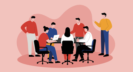 Professional business team collaborating in an office meeting, discussing ideas, strategy, and planning. Highlights teamwork, communication, and project development.