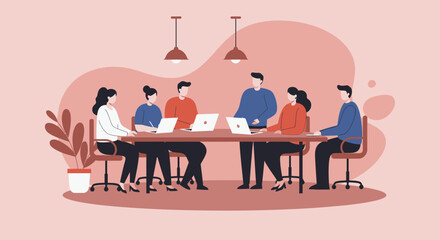 Professional business team collaborating on projects in a modern meeting room with laptops. Emphasizes teamwork, productivity, and corporate strategy.