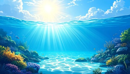 Fototapeta premium Underwater coral reef scene. Sunlight streams through the water