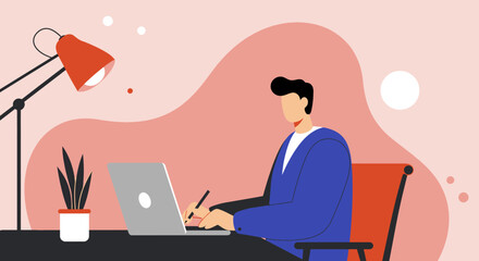 Professional man focused on work at his desk with a laptop and pen. Represents productivity, remote work, education, and business tasks.