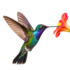 Obraz premium A colorful hummingbird with iridescent green feathers is flying near a tropical flower isolated on transparent background png