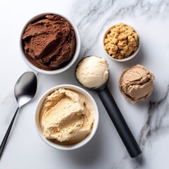 Fototapeta premium Assorted ice cream flavors displayed in bowls on a marble countertop with a spoon nearby