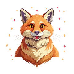 Obraz premium Cute fox portrait smiling with confetti. Cartoon fox illustration on black background with cheerful and fun expression.