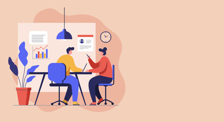 Two colleagues collaborate at a modern office desk, discussing data and project strategy. Ideal for business, teamwork, and professional development.