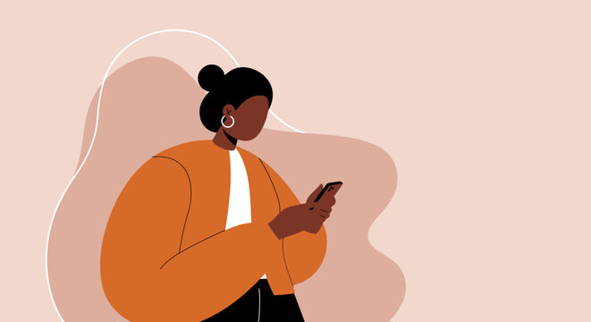 Modern illustration of an African American woman using her smartphone, engaged in digital communication, social media, or mobile work. Ideal for technology, lifestyle, and business concepts.