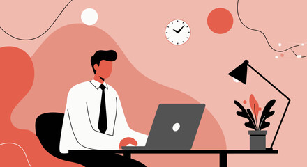 Professional man working on a laptop at a modern desk with a lamp and plant. Concept of remote work, business productivity, and office tasks.