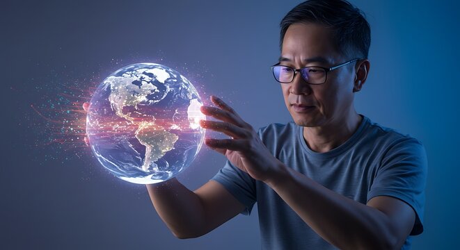 Asian man interacting with digital holographic globe representing global connectivity and future