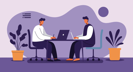 Fototapeta premium Modern office scene with two people working diligently on laptops, showcasing collaboration, productivity, and contemporary business. Great for teamwork or remote work themes.