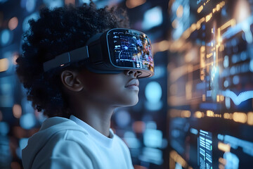 Child wearing virtual reality headset surrounded by glowing digital data in a futuristic environment